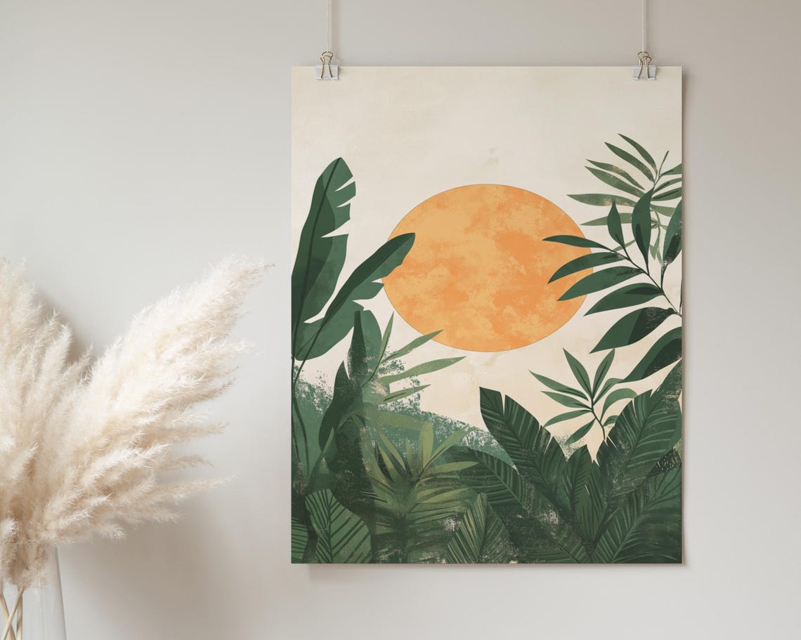 Tropical Sunset Jungle Leaves Orange Sun Modern Nature Poster - Image 2