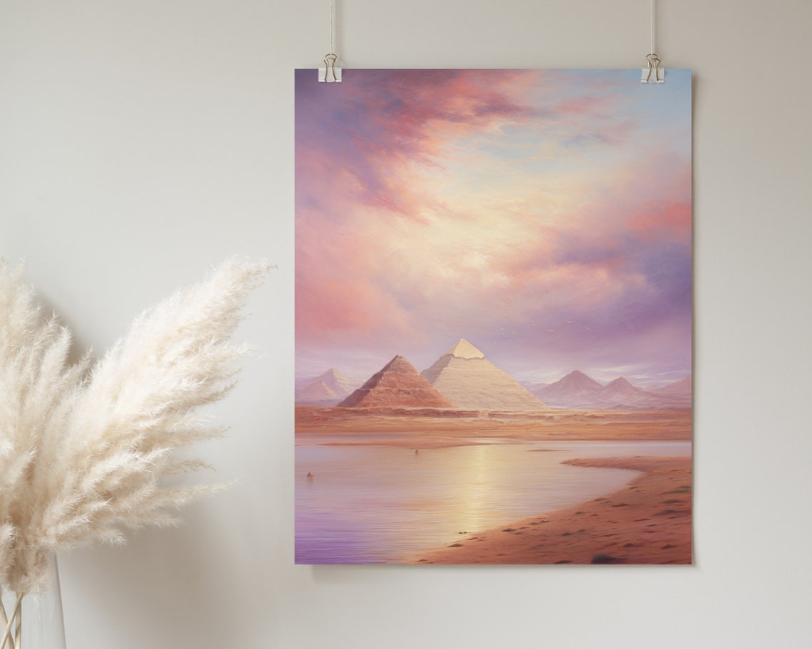 Giza Pyramids Pink Dawn Sky Pastel Oil Painting Egypt Poster - Image 2