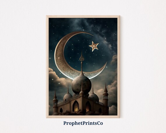 Golden Engraved Crescent Moon and Star Over Mosque Domes Art Poster