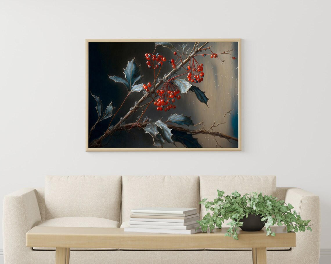 Dark Moody Winter Berry Branch Frosted Holly Still Life Poster - Image 3