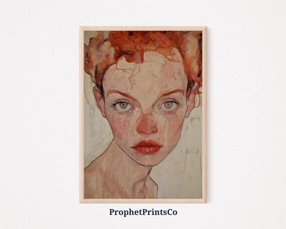 Redhead Female Portrait Green Eyes Red Lips Expressionist Art Poster