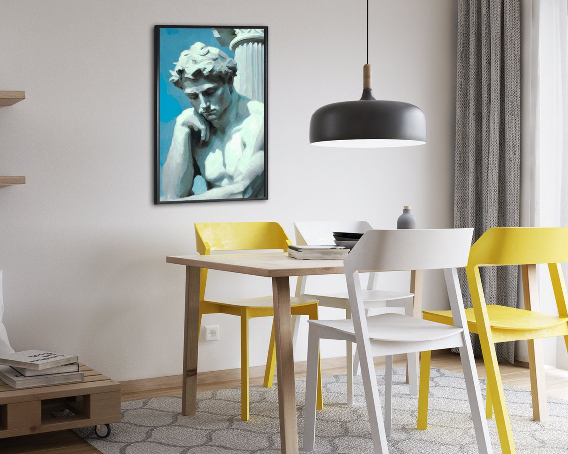 Thoughtful Greek Statue Beside a Stone Column Oil Painting Poster - Image 2