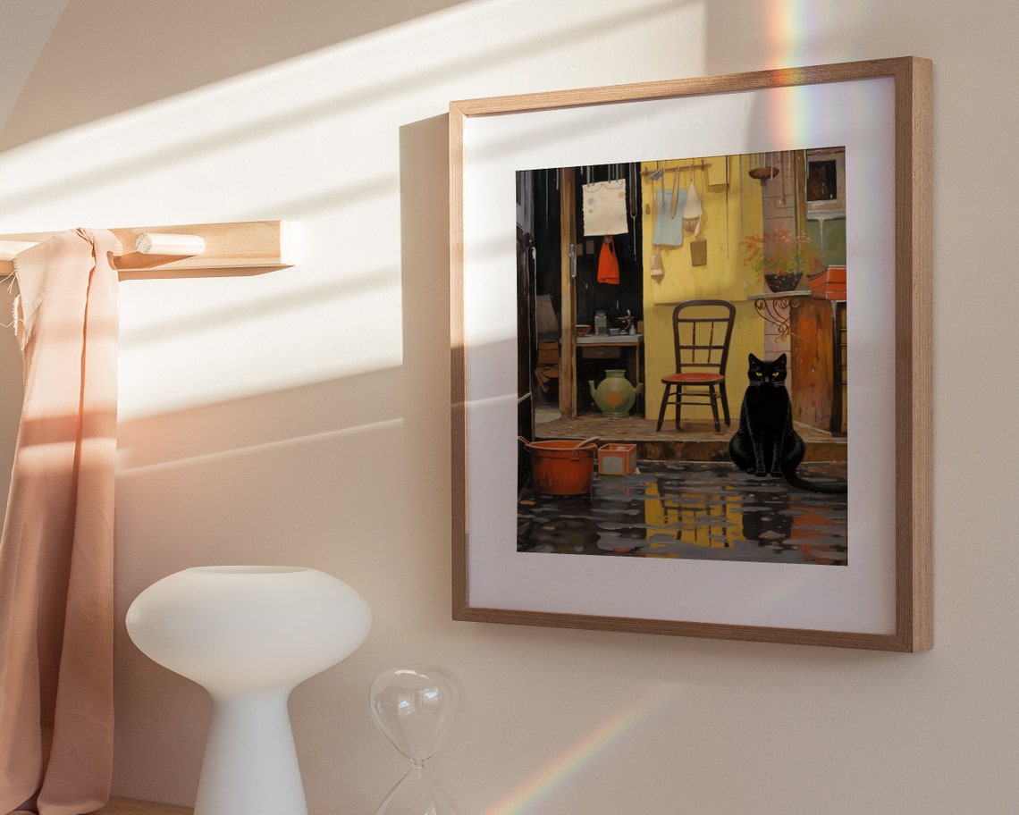 Black Cat Rainy Alley Yellow Door Whimsical Storybook Poster - Image 3