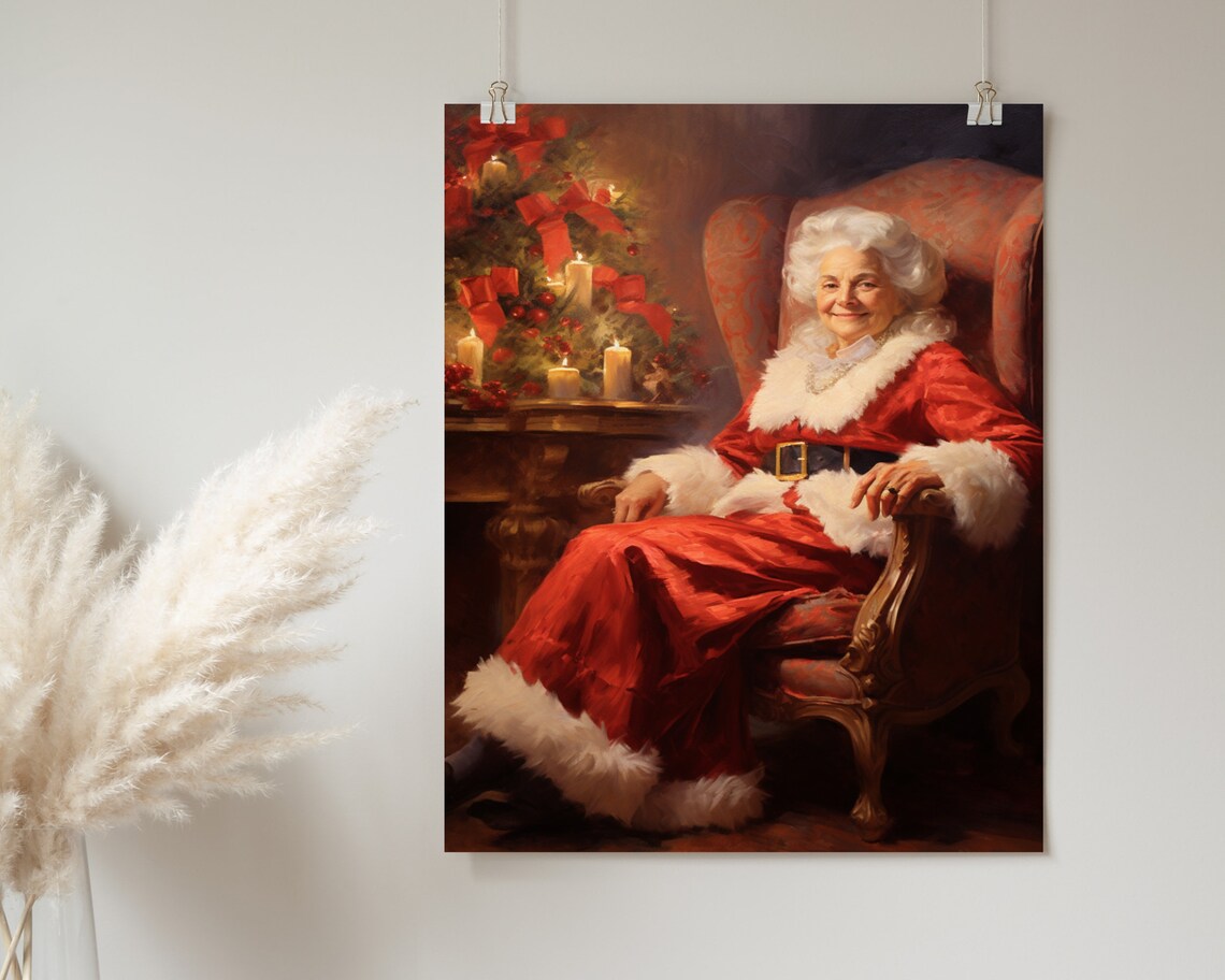 Mrs Claus in Santa Suit by Candlelit Tree Vintage Christmas Holiday Poster - Image 2