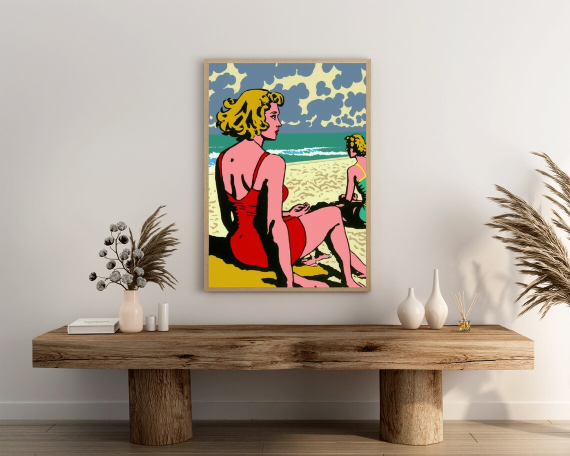 Two Women On Beach In Retro Red Swimsuits Vintage Pop Art Poster - Image 3
