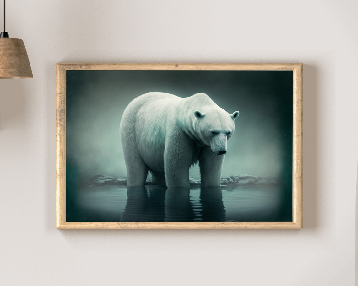 Polar Bear Standing in Misty Arctic Water Wildlife Art Poster - Image 2