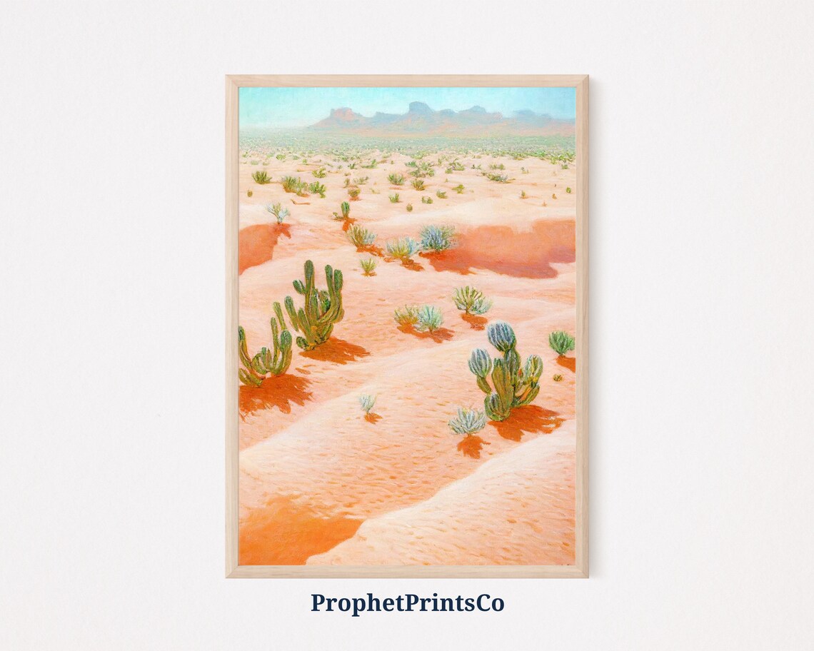Green Cacti in Orange Desert Sand Dunes Landscape Painting Poster