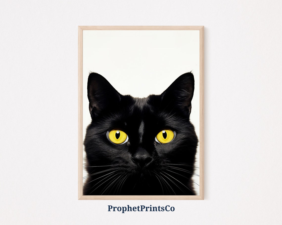 Black Cat With Yellow Eyes Staring Minimalist Cream Background Poster