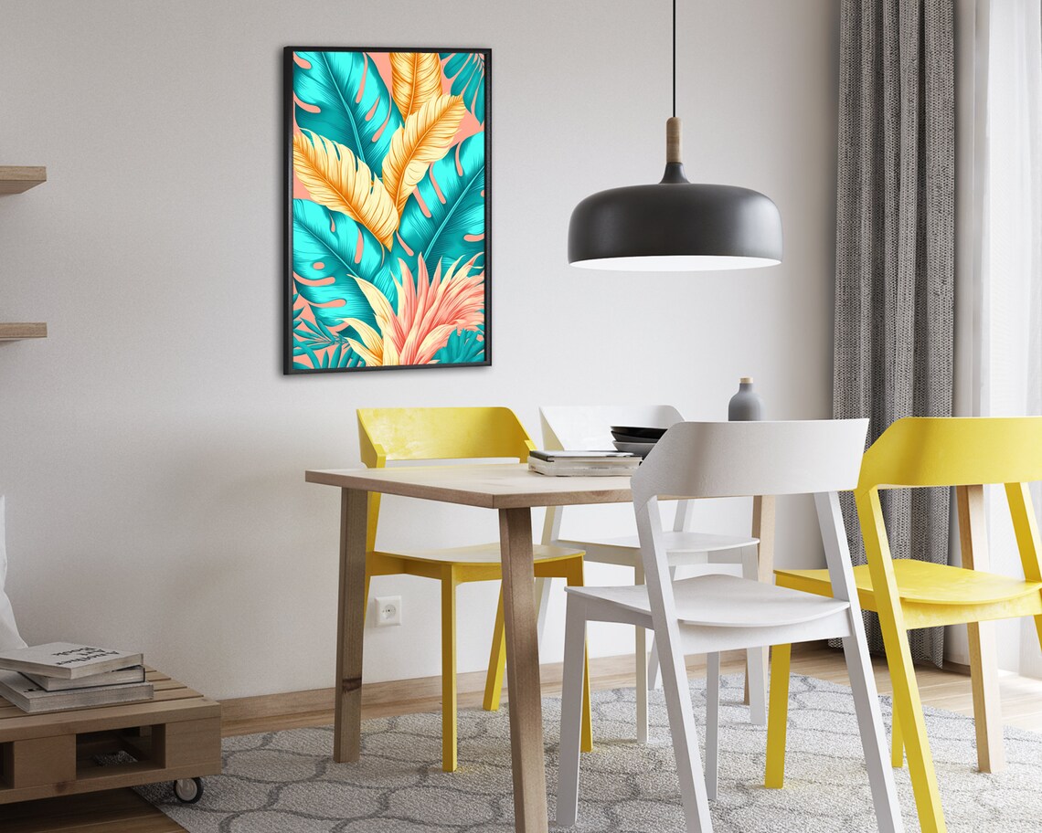 Turquoise Monstera And Golden Palm Leaves Coral Tropical Poster - Image 2