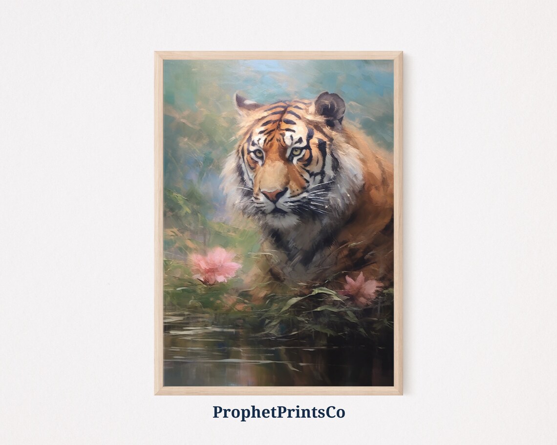 Wild Tiger at Water Edge Pink Flowers Jungle Oil Painting Poster