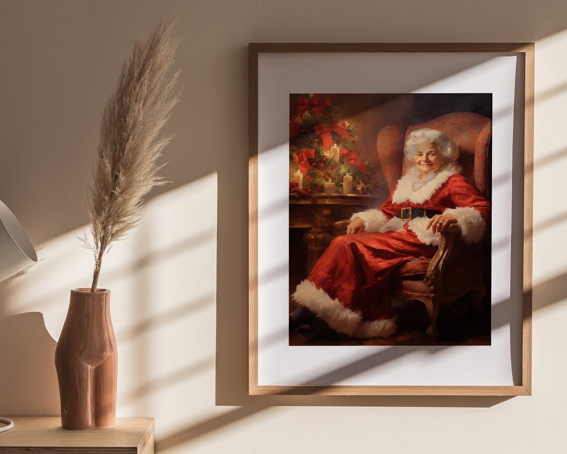 Mrs Claus in Santa Suit by Candlelit Tree Vintage Christmas Holiday Poster - Image 4