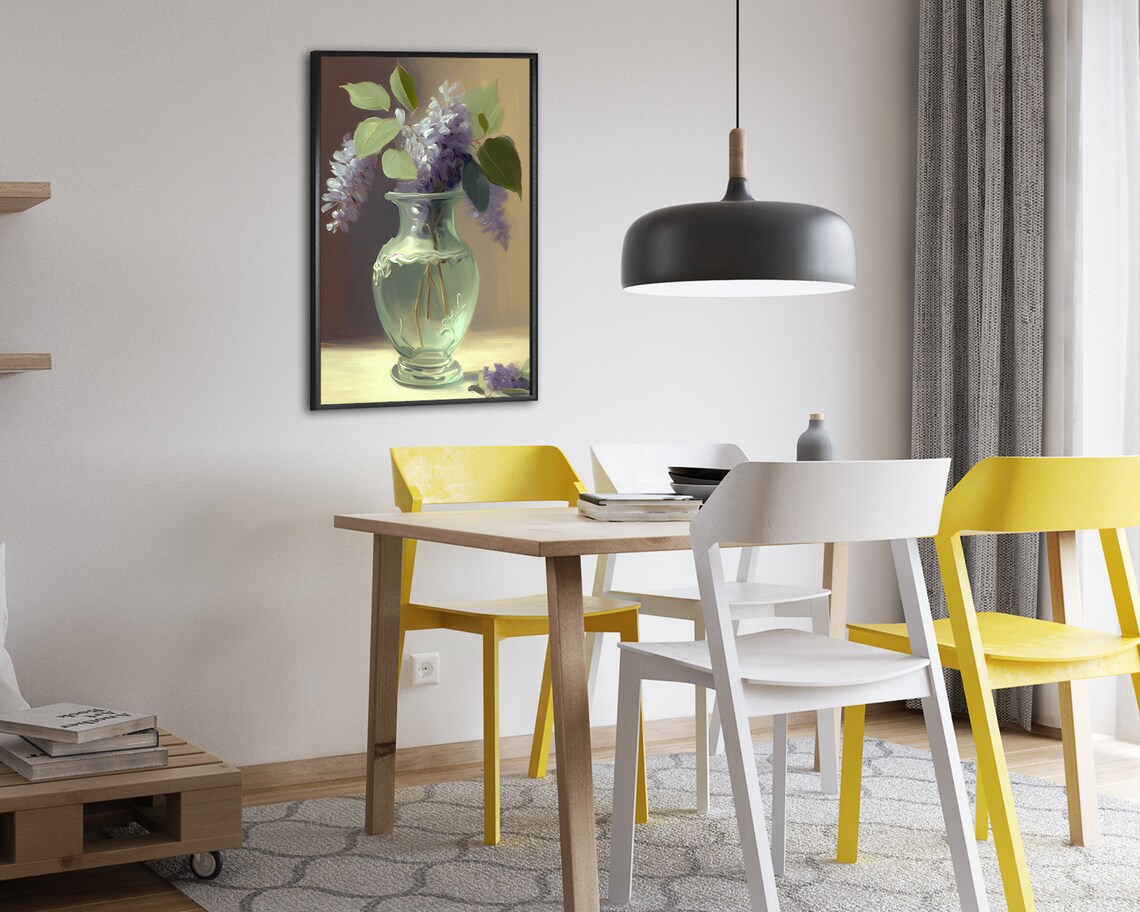 Purple Lilacs in a Green Glass Vase Sunlit Still Life Poster - Image 2