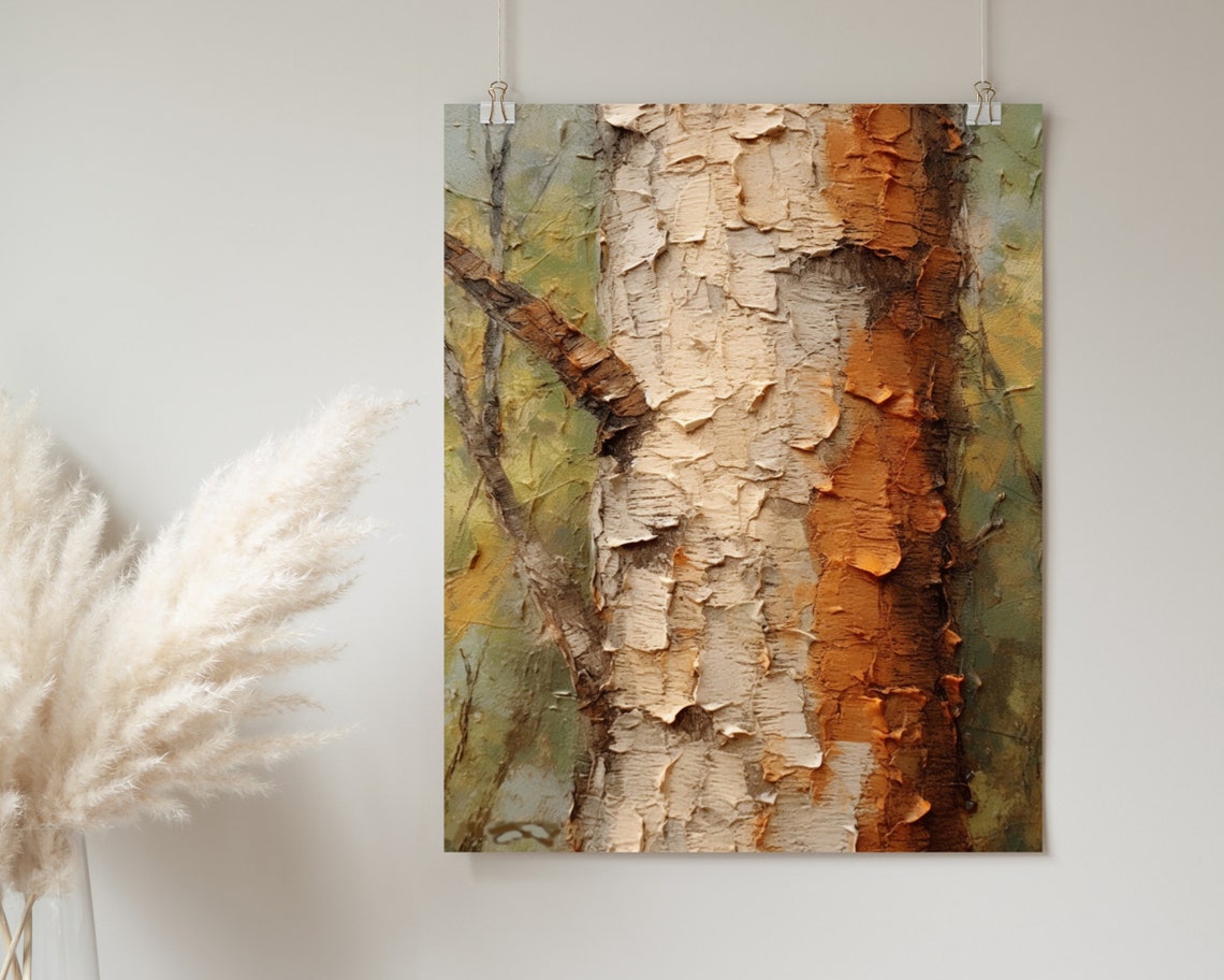 Textured Birch Tree Bark Oil Painting Rustic Impasto Nature Poster - Image 2