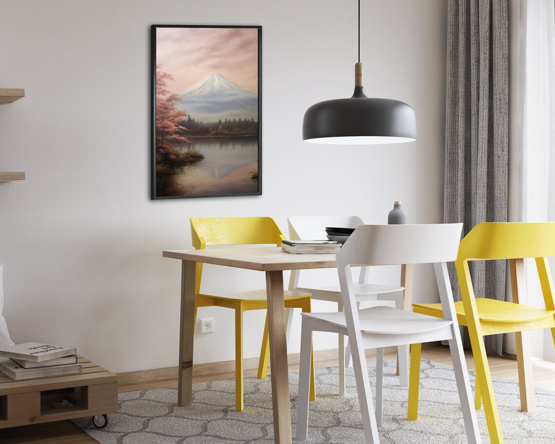 Mount Fuji Oil Painting Autumn Maple Lake Reflection Soft Sky Poster - Image 2
