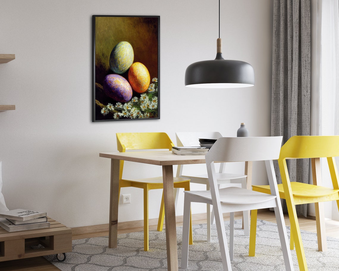 Three Colorful Easter Eggs With White Daisies Still Life Poster - Image 2