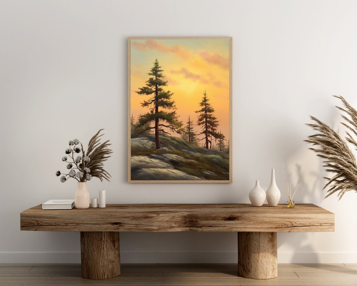 Golden Sunset Pines Oil Painting Rocky Ridge Evergreen Trees Poster - Image 3