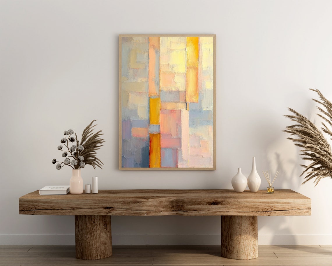 Yellow Blue and Peach Patchwork Block Abstract Art Painting Poster - Image 3
