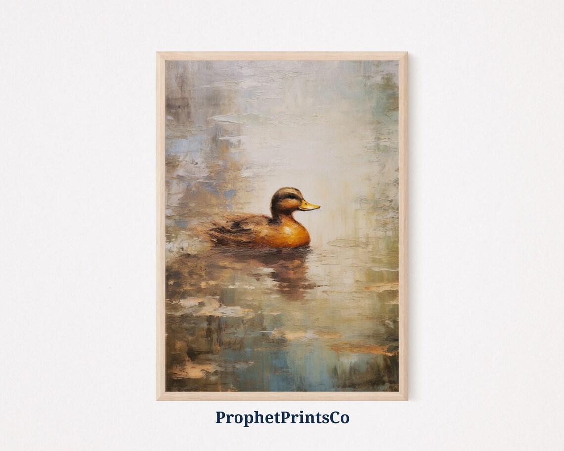 Brown Duck Swimming Oil Painting Serene Lake Water Wildlife Poster