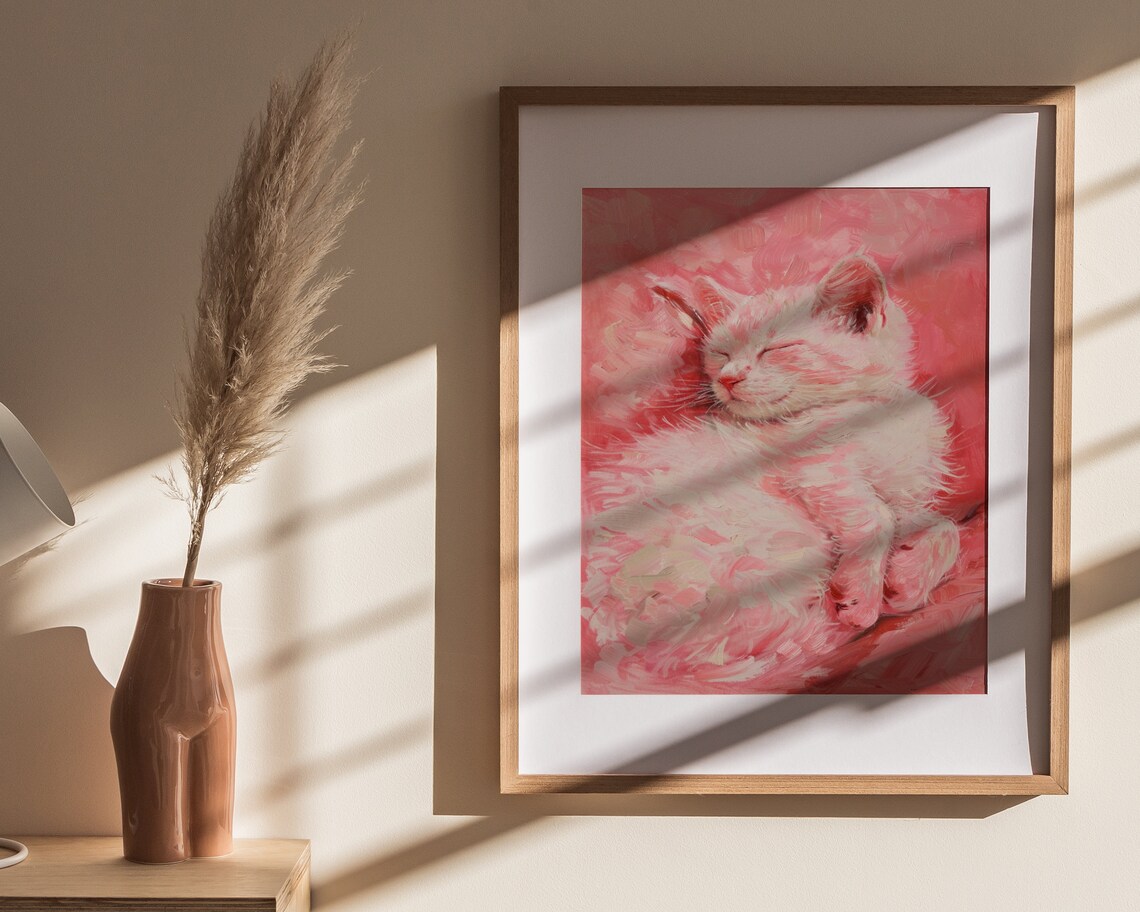 Sleeping Pink Kitten Cozy Oil Painting Sweet Dreamy Nursery Poster - Image 4