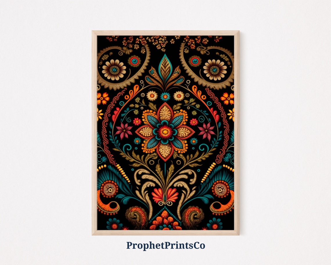 Ornate Paisley Floral Pattern on Black Rich Bohemian Art Poster