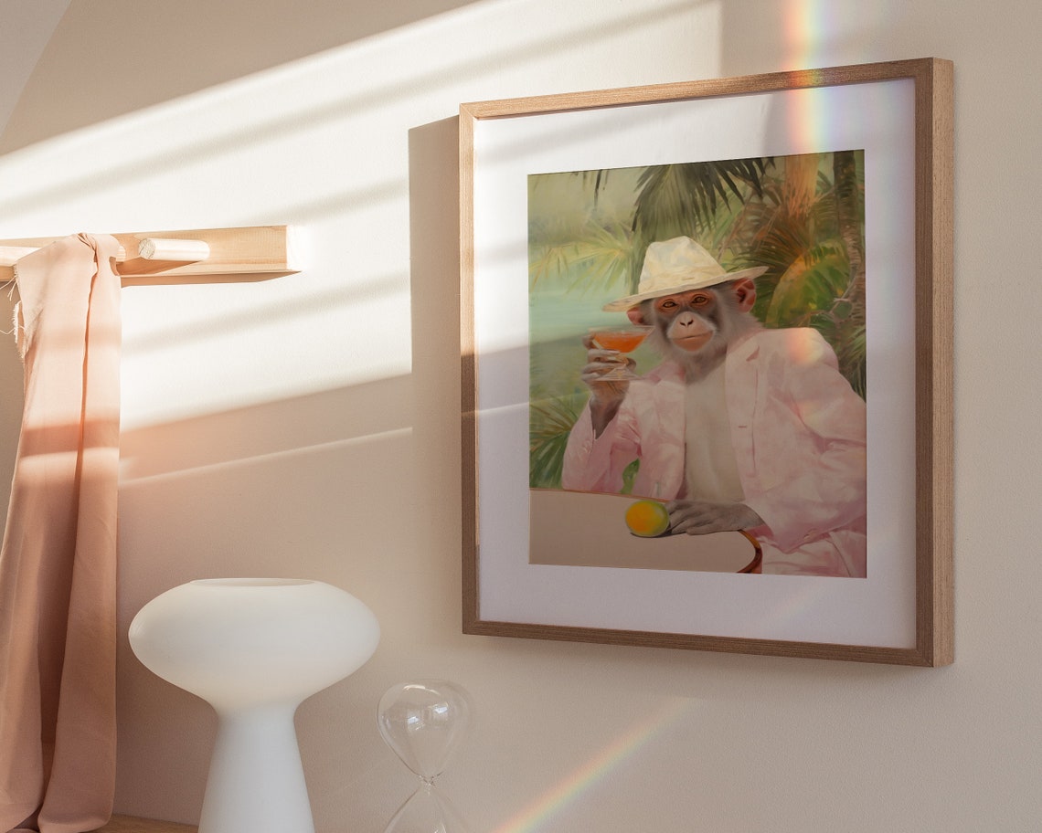 Monkey Cocktail Print Monkey Gentleman Print Retro Wall Art Cute Preppy Apartment Wall Art Wall Art - Image 3