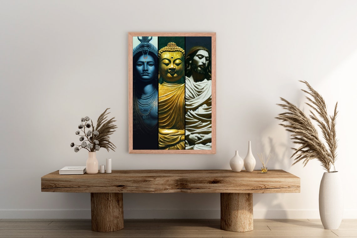Shiva Buddha Jesus Triptych Spiritual Figures Sacred Unity Art Poster - Image 2