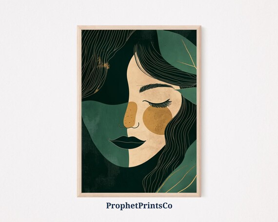 Abstract Woman Face Gold Green Botanical Modern Elegant Portrait Poster