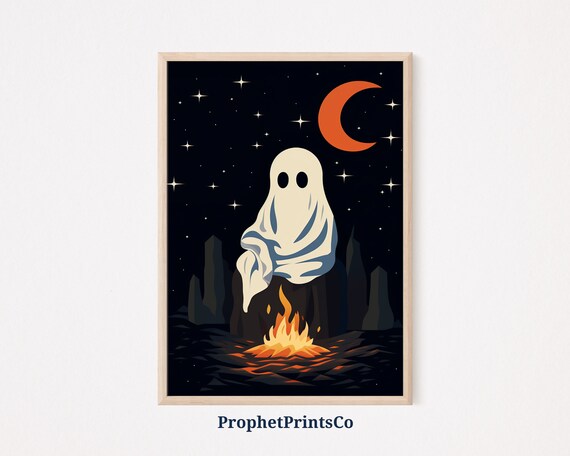Cute Ghost Campfire Under Starry Night Moon Halloween Poster