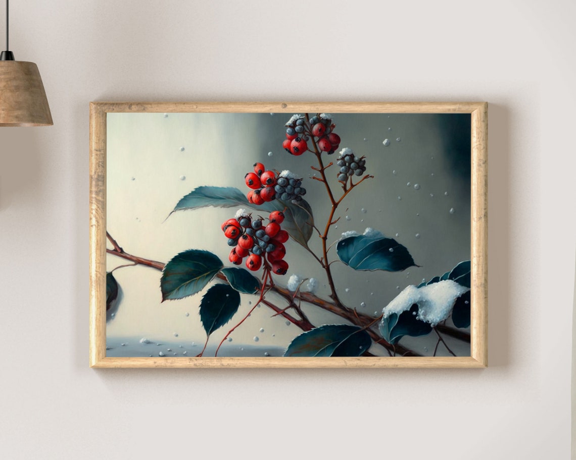 Snowy Red And Blue Berry Branch With Teal Leaves Winter Poster - Image 2