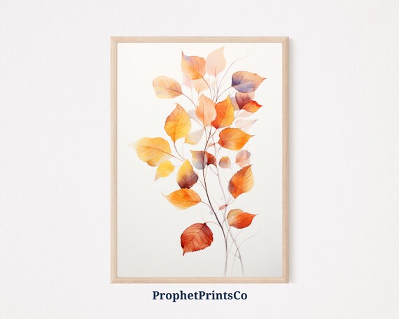 Watercolor Autumn Leaves on Birch Branch Fall Botanical Poster