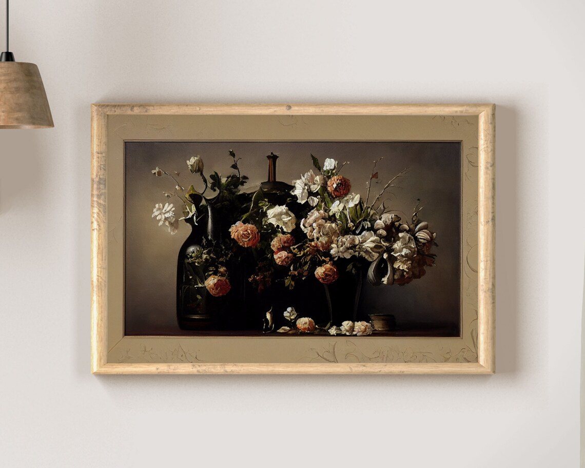 Vintage Moody White Roses Peonies Still Life Oil Painting Poster - Image 2