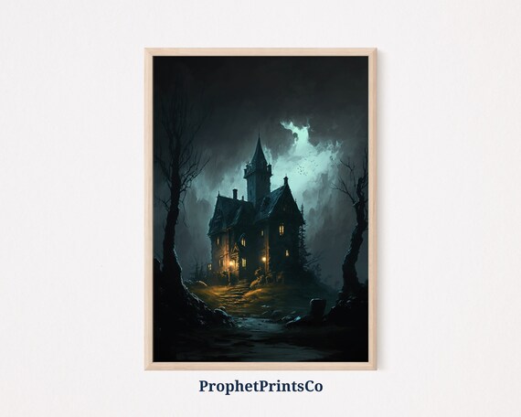 Haunted Gothic Mansion Night Stormy Sky Lit Windows Art Poster