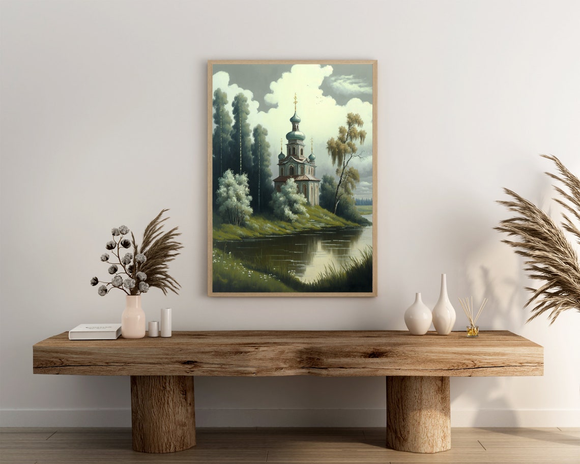 Blue Domed Orthodox Church Riverside Birch Trees Calm Art Poster - Image 3