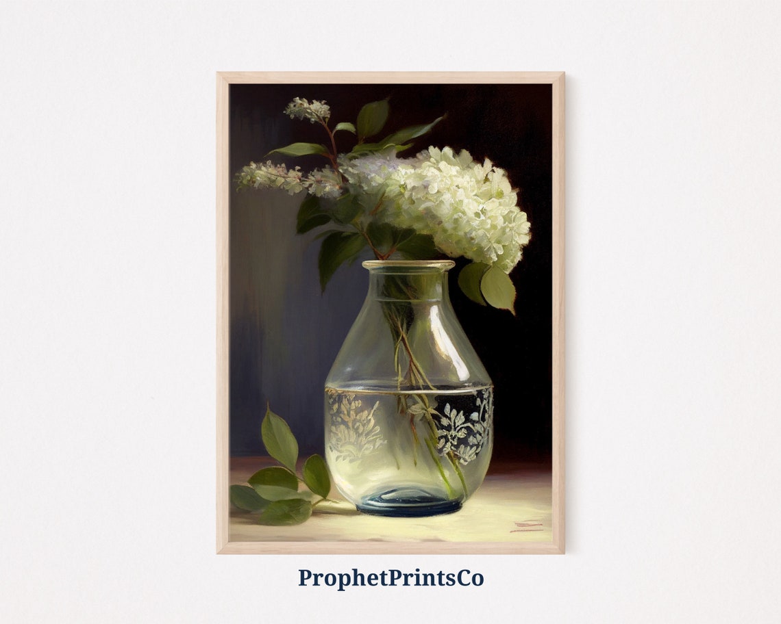 White Hydrangeas in a Glass Vase Dark Still Life Oil Painting Poster