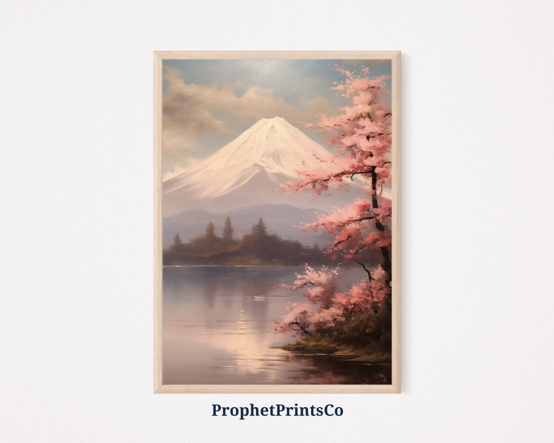 Mount Fuji Cherry Blossom Oil Painting Lake Serene Spring Poster