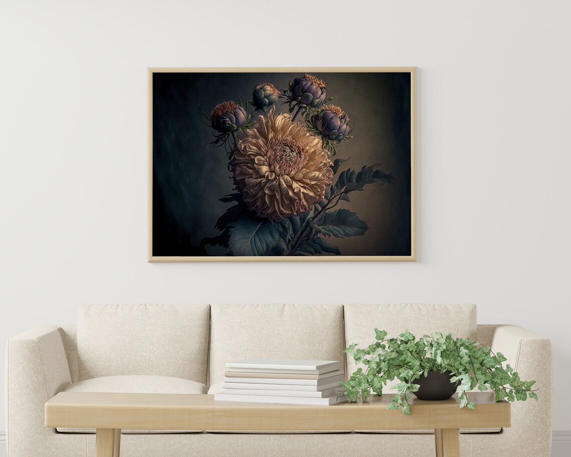 Moody Vintage Tan Bloom With Buds on Dark Background Botanical Art Poster - Image 3