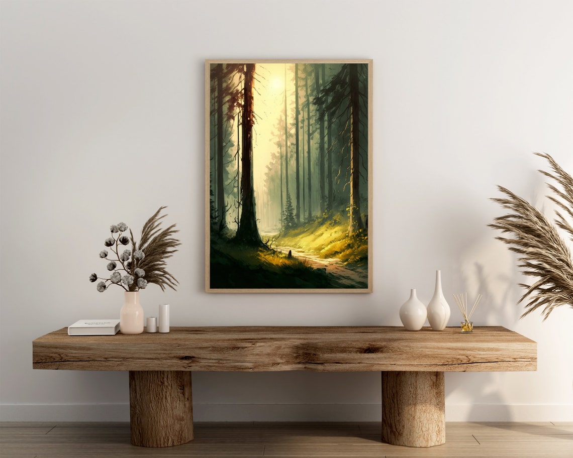 Misty Pine Forest With Sunlight Shaft Golden Woodland Path Poster - Image 3