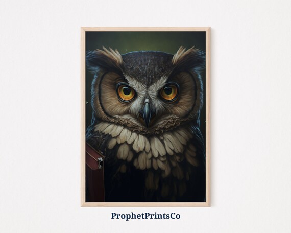 Dark Academia Owl Portrait Moody Oil Painting Bird Lover Gift Poster