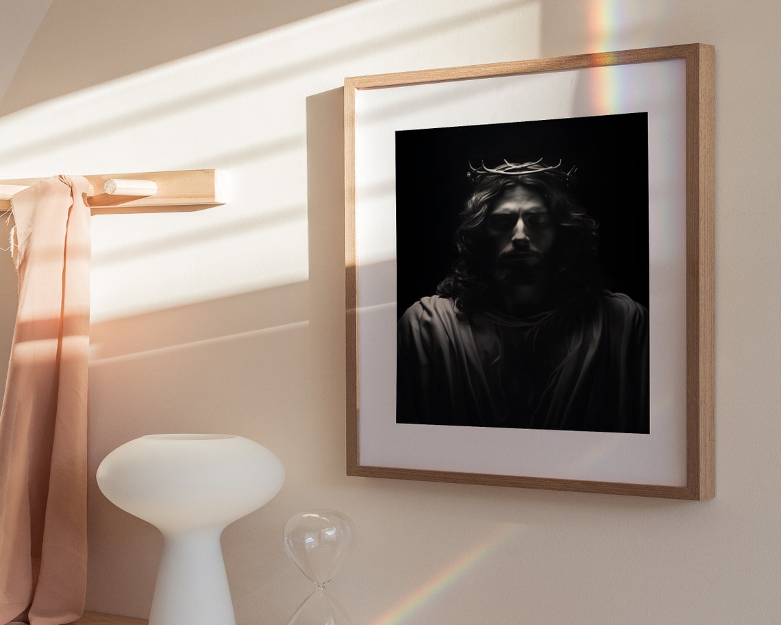 Jesus Christ Crown of Thorns Dark Dramatic Portrait Art Poster - Image 3