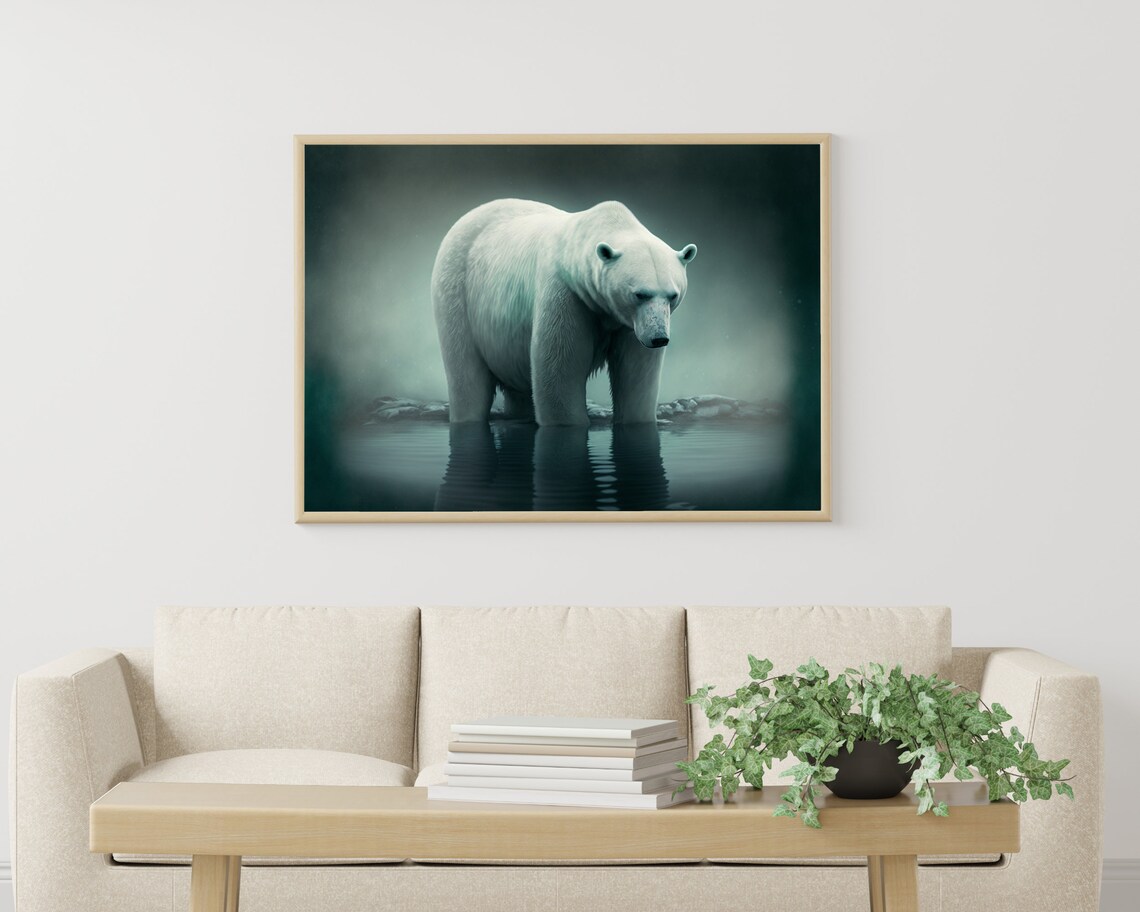 Polar Bear Standing in Misty Arctic Water Wildlife Art Poster - Image 3