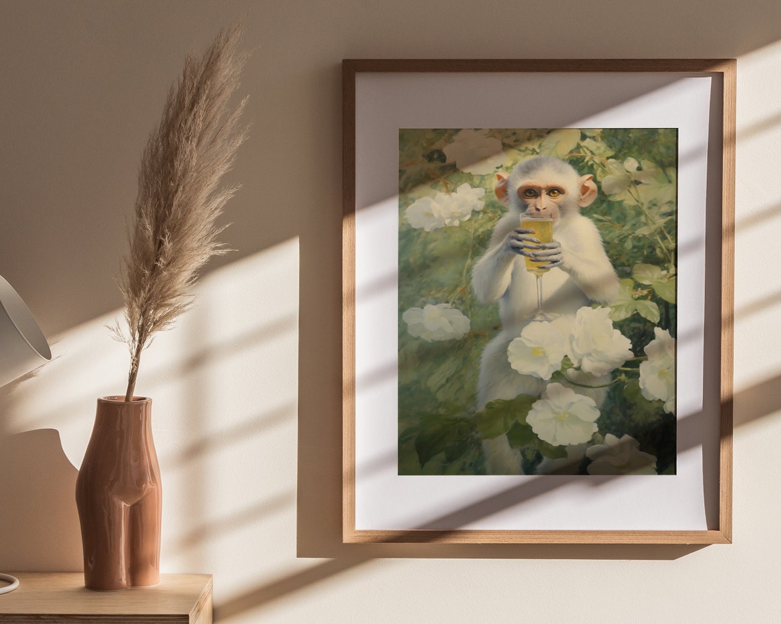 Monkey Cocktail Print Monkey Gentleman Print Retro Wall Art Cute Preppy Apartment Wall Art Wall Art - Image 4