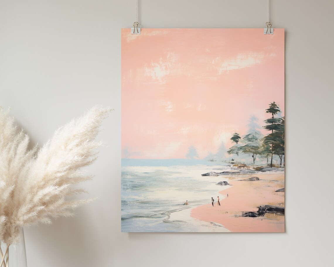 Serene Pink Beach Couple Strolling Pastel Coastal Sunset Art Poster - Image 2
