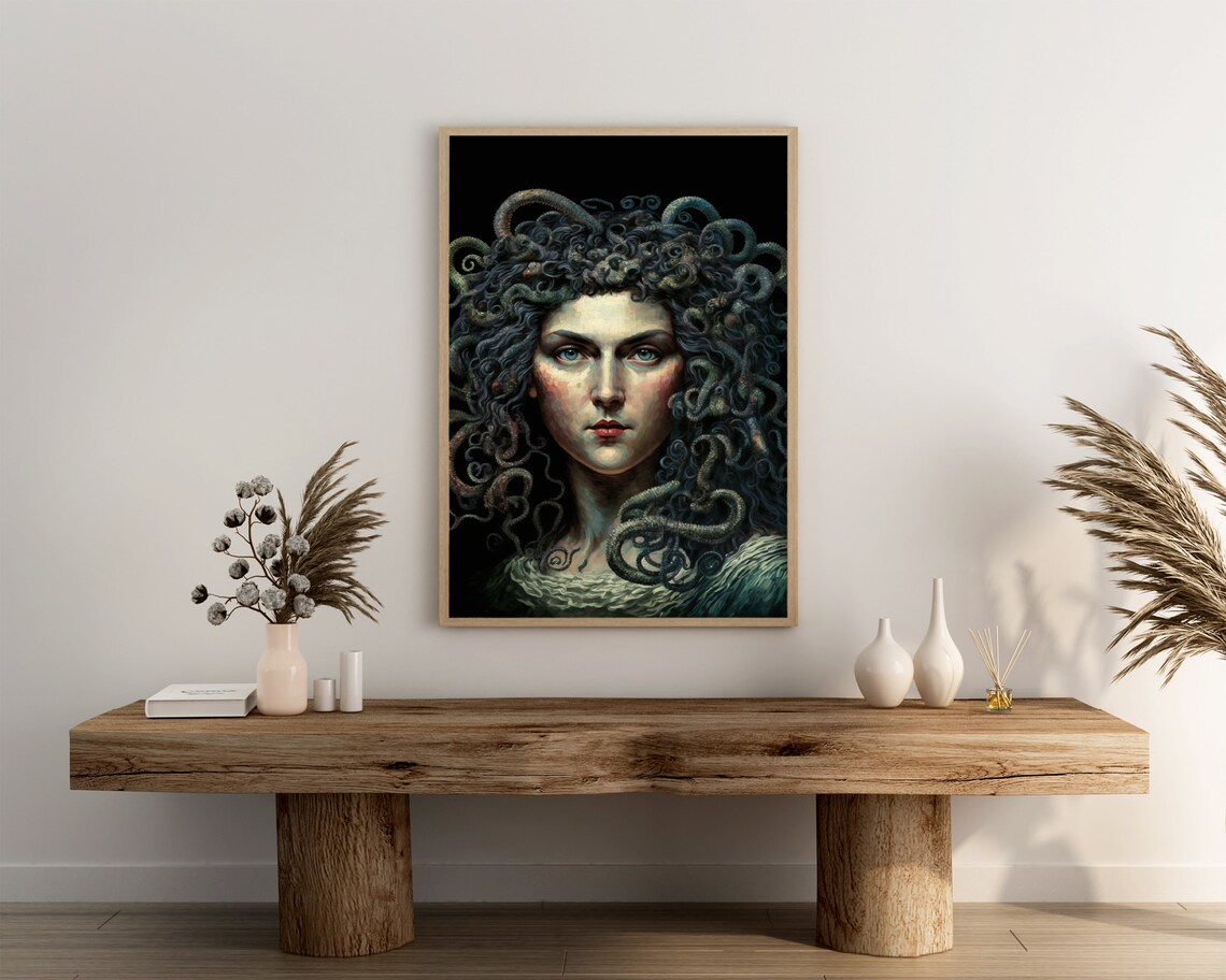 Medusa Front Portrait With Teal Snake Hair On Black Art Poster - Image 3