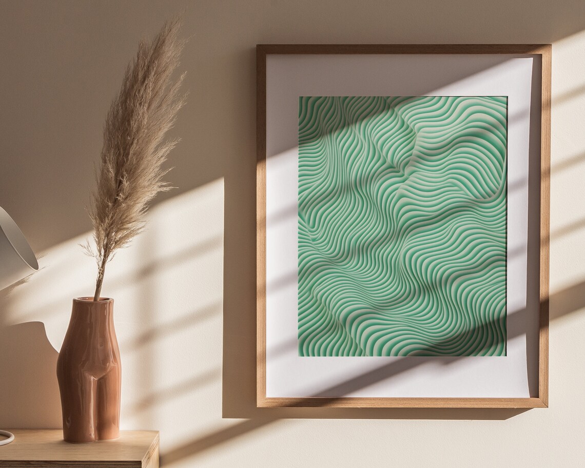 Serene Mint Green Topographic Wavy Lines Contemporary Art Poster - Image 4