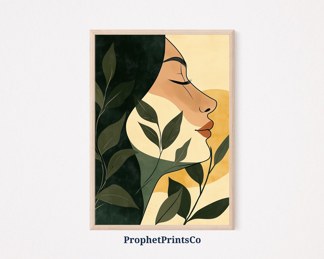 Golden Hour Botanical Woman Profile Floral Leaf Silhouette Poster