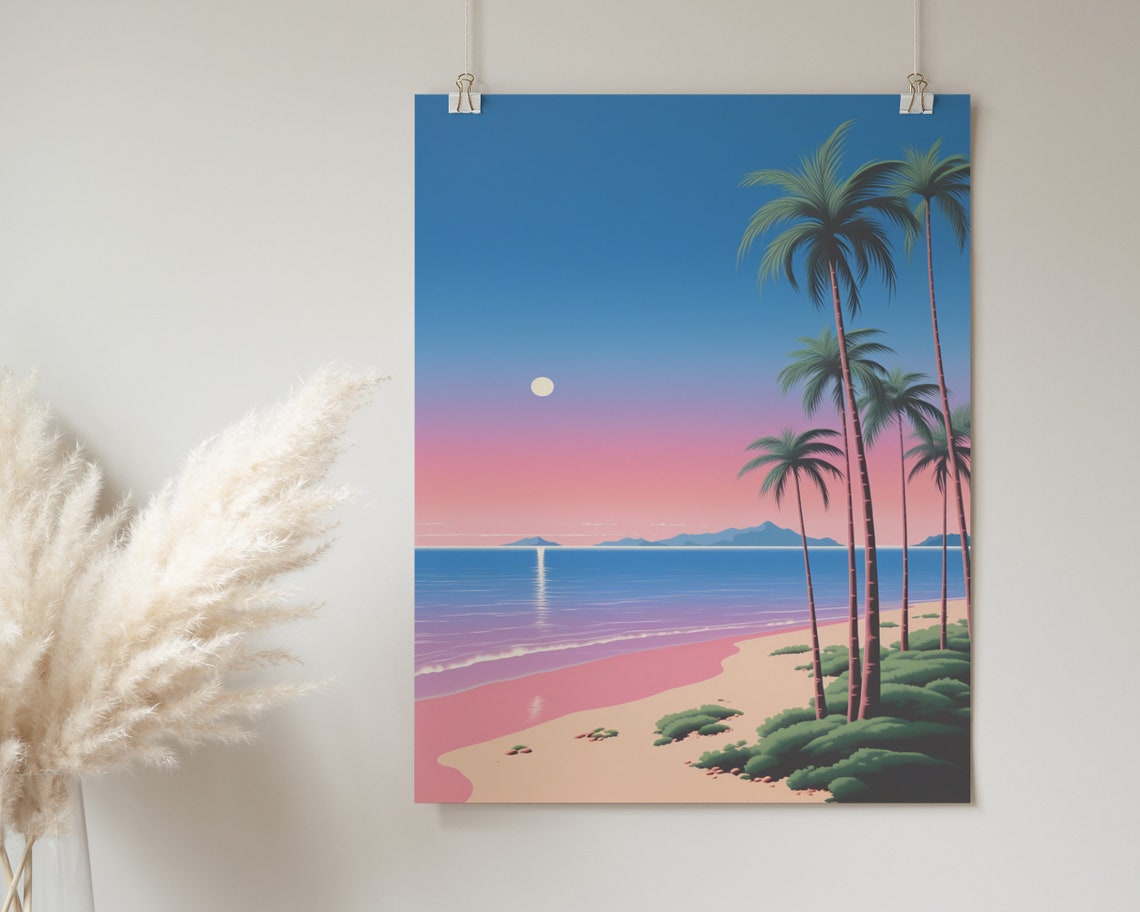 Tropical Sunset Beach Palm Trees Pink Sky Ocean Waves Travel Poster - Image 2