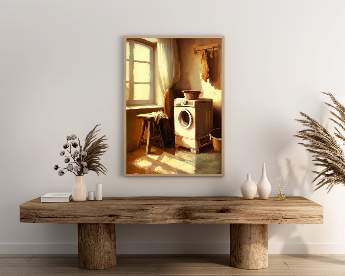 Sunlit Vintage Laundry Room Oil Painting Cozy Warm Rustic Poster - Image 3