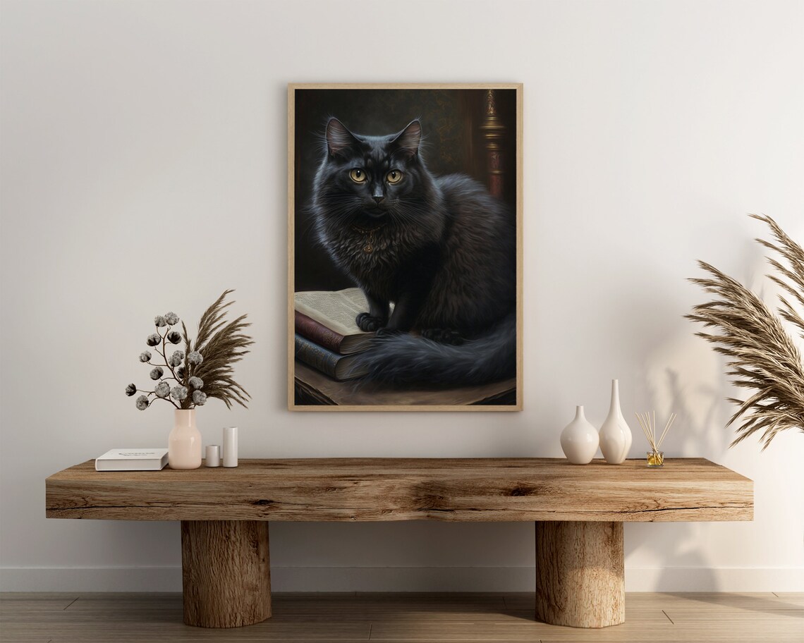 Fluffy Black Cat With Golden Eyes On Vintage Books Art Poster - Image 3