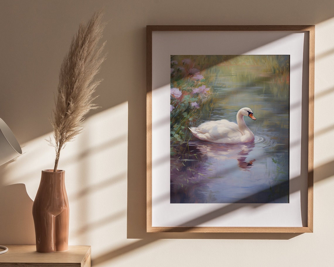 White Swan Pink Flowers Serene Lake Classical Painting Wall Poster - Image 4