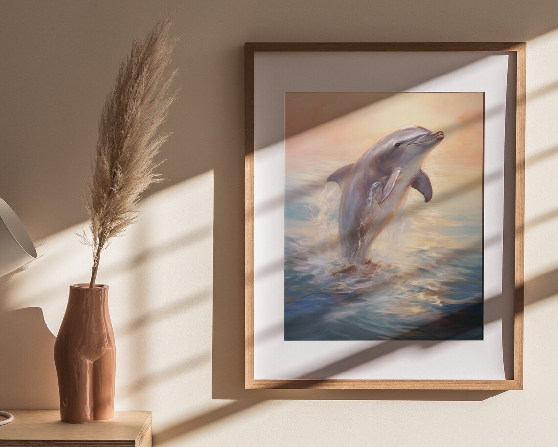 Dolphin Leaping from Ocean Waves at Sunset Vintage Marine Painting Poster - Image 4
